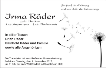 Traueranzeige von Irma Räder von Trauerportal Rhein Main Presse