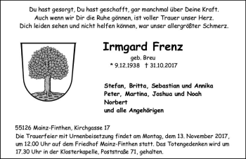 Traueranzeige von Irmgard Frenz von Trauerportal Rhein Main Presse