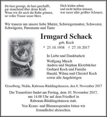 Traueranzeige von Irmgard Schack von  Gießener Anzeiger