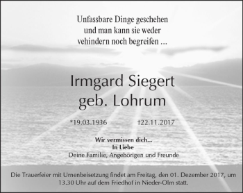Traueranzeige von Irmgard Siegert von Trauerportal Rhein Main Presse