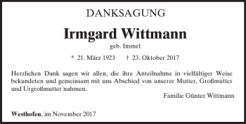 Traueranzeige von Irmgard Wittmann von Trauerportal Rhein Main Presse