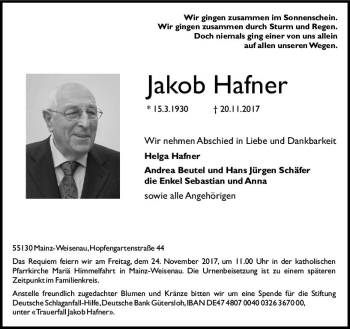 Traueranzeige von Jakob Hafner von Trauerportal Rhein Main Presse