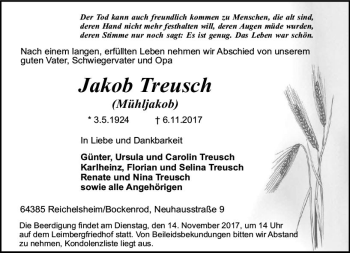 Traueranzeige von Jakob Treusch von Trauerportal Echo Online