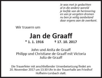 Traueranzeige von Jan de Graaff von Trauerportal Rhein Main Presse