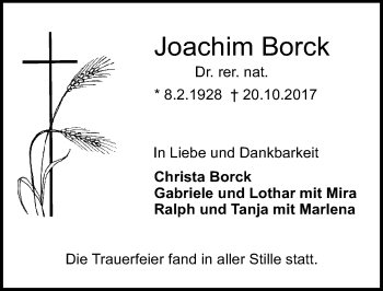 Traueranzeige von Joachim Borck von Trauerportal Echo Online