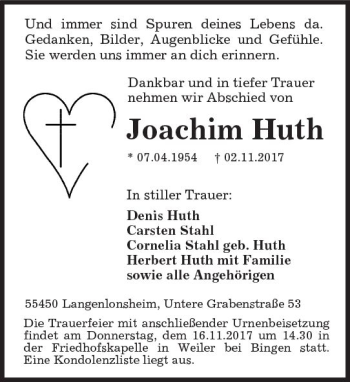 Traueranzeige von Joachim Huth von Trauerportal Rhein Main Presse