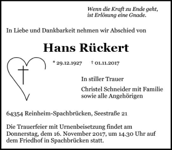 Traueranzeige von Johann Rückert von Trauerportal Echo Online