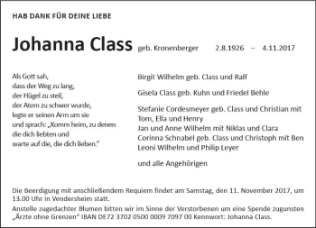 Traueranzeige von Johanna Class von Trauerportal Rhein Main Presse