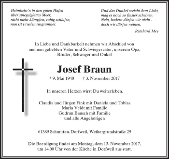 Traueranzeige von Josef Braun von  Usinger Anzeiger