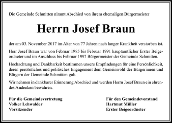 Traueranzeige von Josef Braun von  Usinger Anzeiger