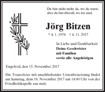 Traueranzeige von Jörg Bitzen von VRM Trauer