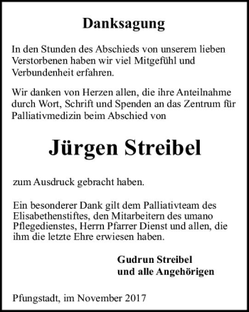 Traueranzeige von Jürgen Streibel von Trauerportal Echo Online