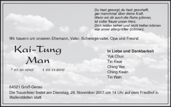 Traueranzeige von Kai-Tung Man von Trauerportal Echo Online
