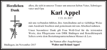 Traueranzeige von Karl Appel von  Kreisanzeiger