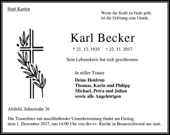 Traueranzeige von Karl Becker von VRM Trauer