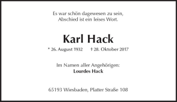 Traueranzeige von Karl Hack von Trauerportal Rhein Main Presse