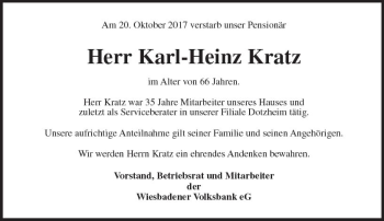 Traueranzeige von Karl-Heinz Kratz von Trauerportal Rhein Main Presse