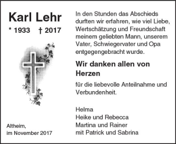 Traueranzeige von Karl Lehr von Trauerportal Echo Online