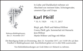 Traueranzeige von Karl Pfeiff von  Gießener Anzeiger