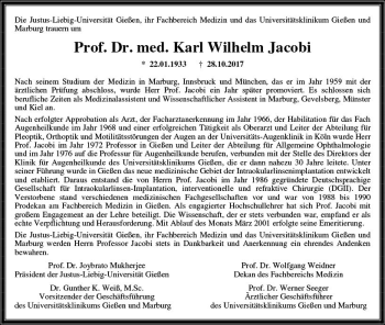 Traueranzeige von Karl Wilhelm Jacobi von  Gießener Anzeiger