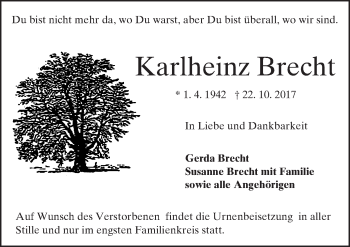 Traueranzeige von Karlheinz Brecht von Trauerportal Echo Online