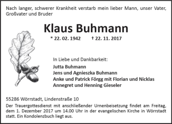 Traueranzeige von Klaus Buhmann von Trauerportal Rhein Main Presse