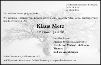 Traueranzeige von Klaus Metz von Trauerportal Rhein Main Presse