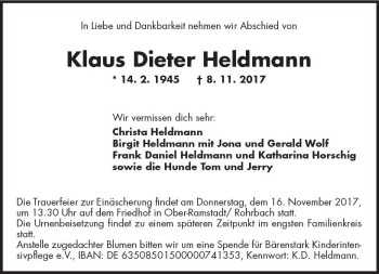 Traueranzeige von Klaus Dieter Heldmann von Trauerportal Echo Online