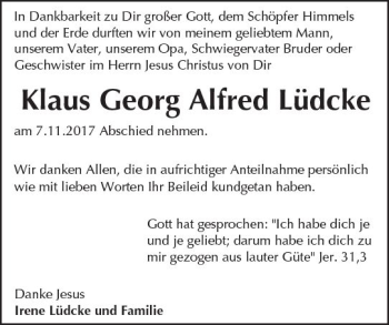 Traueranzeige von Klaus Georg Alfred Lüdcke von Trauerportal Echo Online
