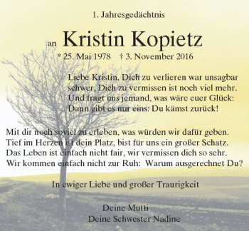 Traueranzeige von Kristin Kopietz von Trauerportal Echo Online