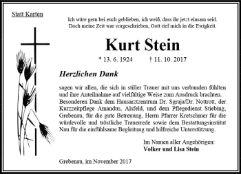 Traueranzeige von Kurt Stein von VRM Trauer