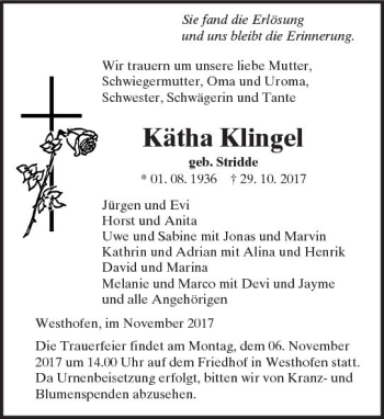 Traueranzeige von Kätha Klingel von Trauerportal Rhein Main Presse