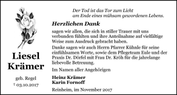 Traueranzeige von Liesel Krämer von Trauerportal Echo Online