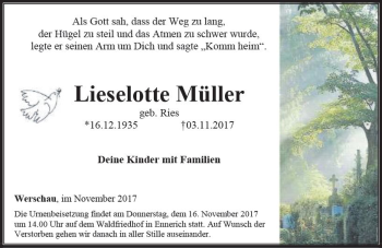 Traueranzeige von Lieselotte Müller von  Camberger Anzeiger