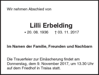 Traueranzeige von Lilli Erbelding von Trauerportal Echo Online