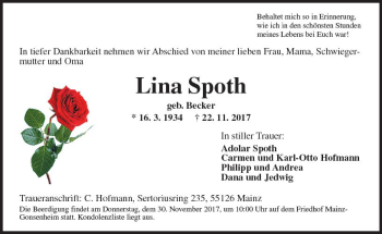Traueranzeige von Lina Spoth von Trauerportal Rhein Main Presse