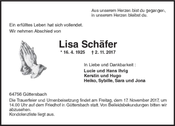 Traueranzeige von Lisa Schäfer von Trauerportal Echo Online