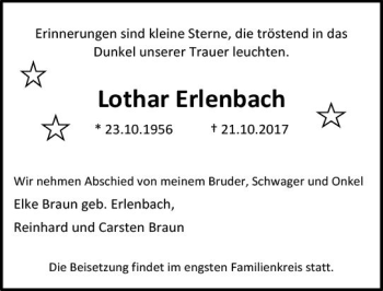 Traueranzeige von Lothar Erlenbach von Trauerportal Rhein Main Presse