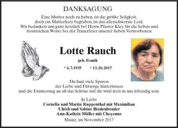 Traueranzeige von Lotte Rauch von Trauerportal Rhein Main Presse