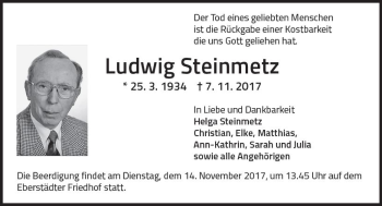 Traueranzeige von Ludwig Steinmetz von Trauerportal Echo Online