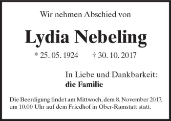 Traueranzeige von Lydia Nebeling von Trauerportal Echo Online
