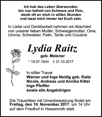 Traueranzeige von Lydia Raitz von Trauerportal Echo Online