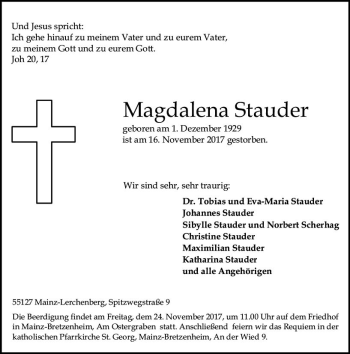 Traueranzeige von Magdalena Stauder von Trauerportal Rhein Main Presse