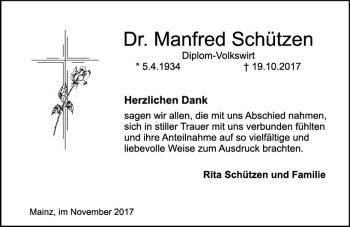 Traueranzeige von Manfred Schützen von Trauerportal Rhein Main Presse