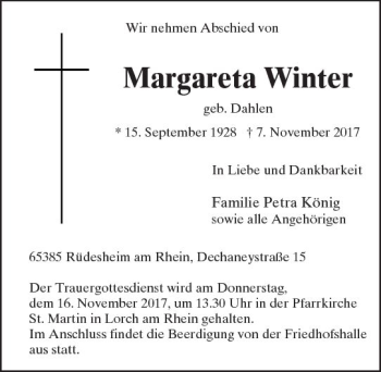 Traueranzeige von Margareta Winter von Trauerportal Rhein Main Presse