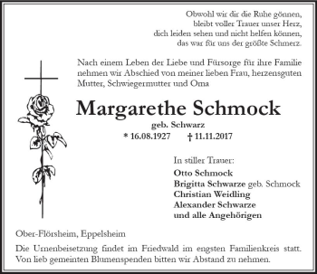 Traueranzeige von Margarethe Schmock von Trauerportal Rhein Main Presse
