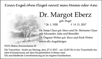 Traueranzeige von Margot Eberz von Trauerportal Rhein Main Presse