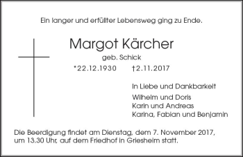 Traueranzeige von Margot Kärcher von Trauerportal Echo Online