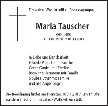 Traueranzeige von Maria Tauscher von Trauerportal Echo Online