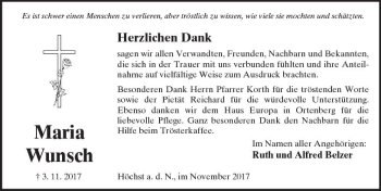 Traueranzeige von Maria Wunsch von  Kreisanzeiger
